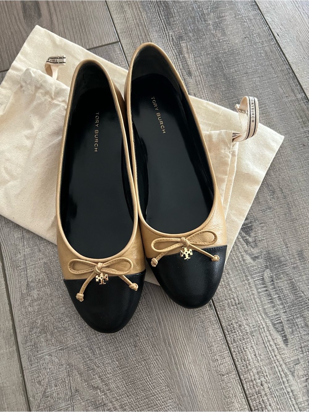 Tory Burch Black and Tan Two-Tone Bow Ballet Flats